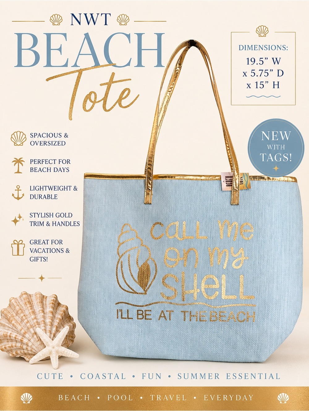 Oversized Beach Tote “Call Me On My Shell” Blue and Gold Coastal Bag NWT